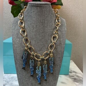Betsey Johnson Crystal Embellished Sardines Fish Blue Statement Necklace - NWT